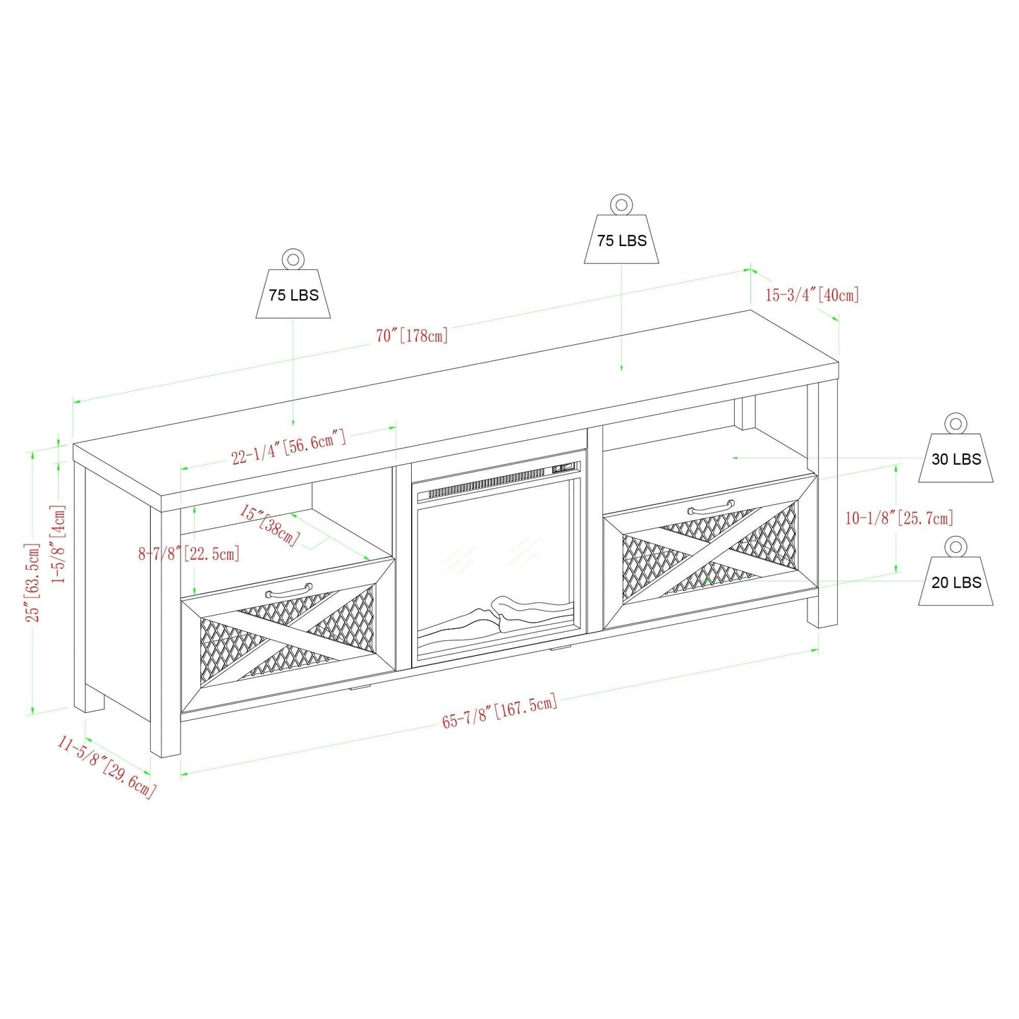 Industrial Farmhouse Metal Mesh Drop-Down X-Door 70" Fireplace TV