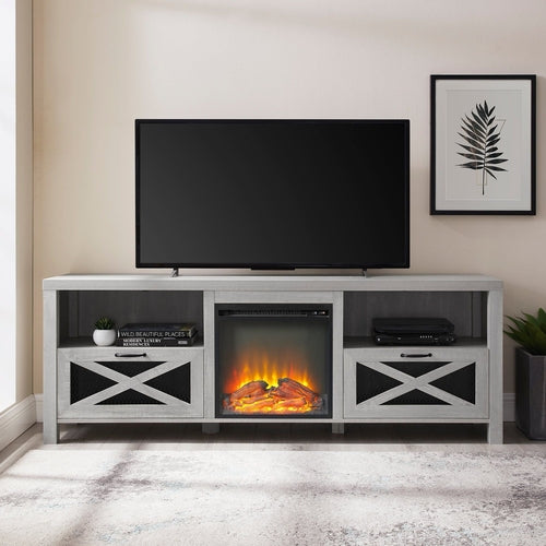 Industrial Farmhouse Metal Mesh Drop-Down X-Door 70" Fireplace TV