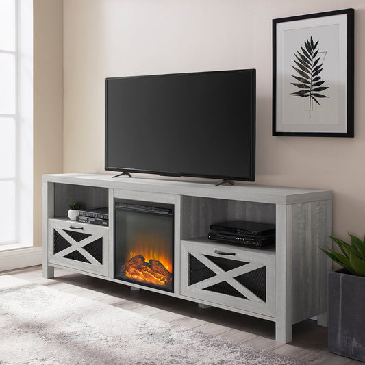 Industrial Farmhouse Metal Mesh Drop-Down X-Door 70" Fireplace TV