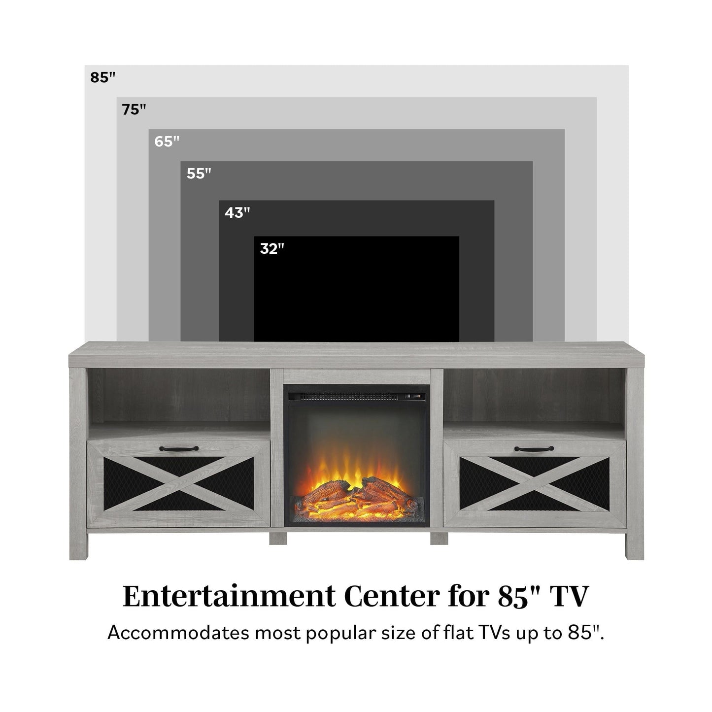 Industrial Farmhouse Metal Mesh Drop-Down X-Door 70" Fireplace TV