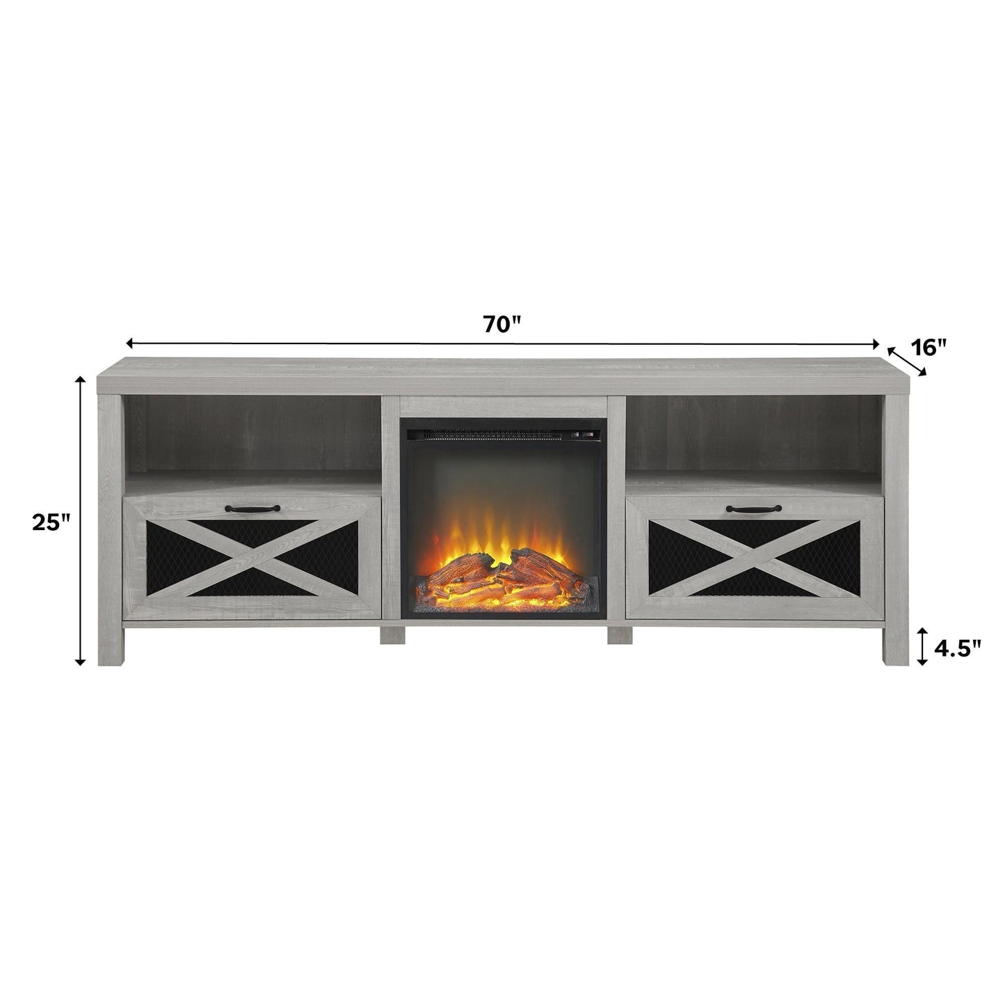 Industrial Farmhouse Metal Mesh Drop-Down X-Door 70" Fireplace TV